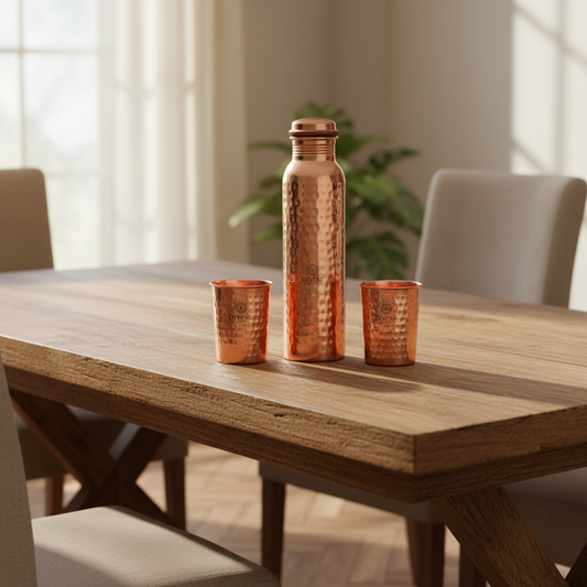 Copper water bottle and cups on a wooden table with a blurred background