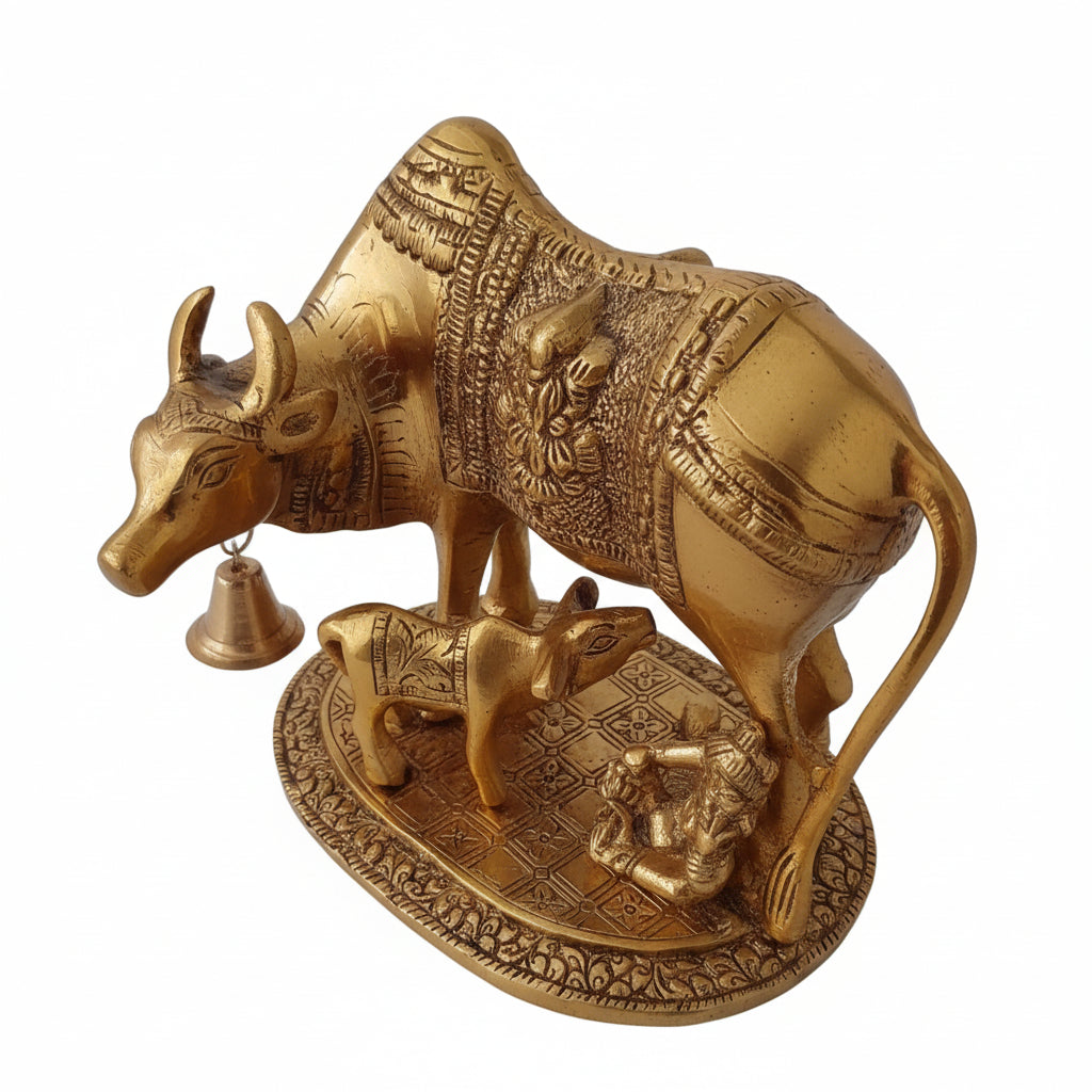 Gold decorative item resembling a bull on a white background