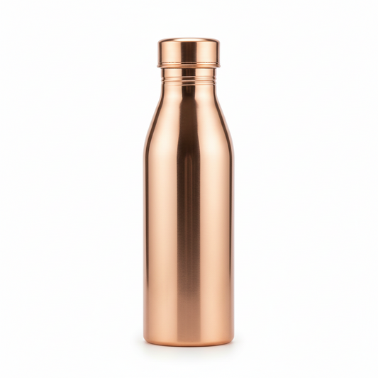Three copper-colored water bottles on a reflective surface with a floral-patterned background.