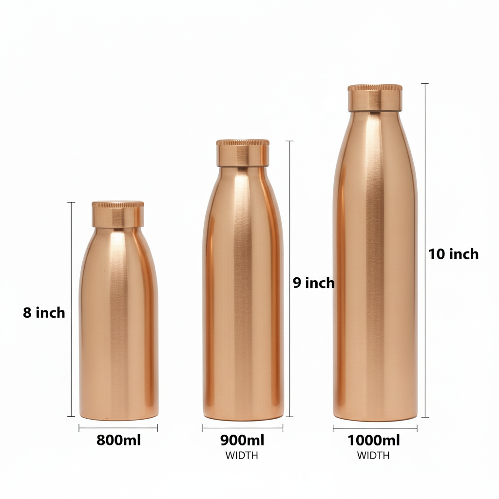 Three copper-colored bottles with measurements on a white background