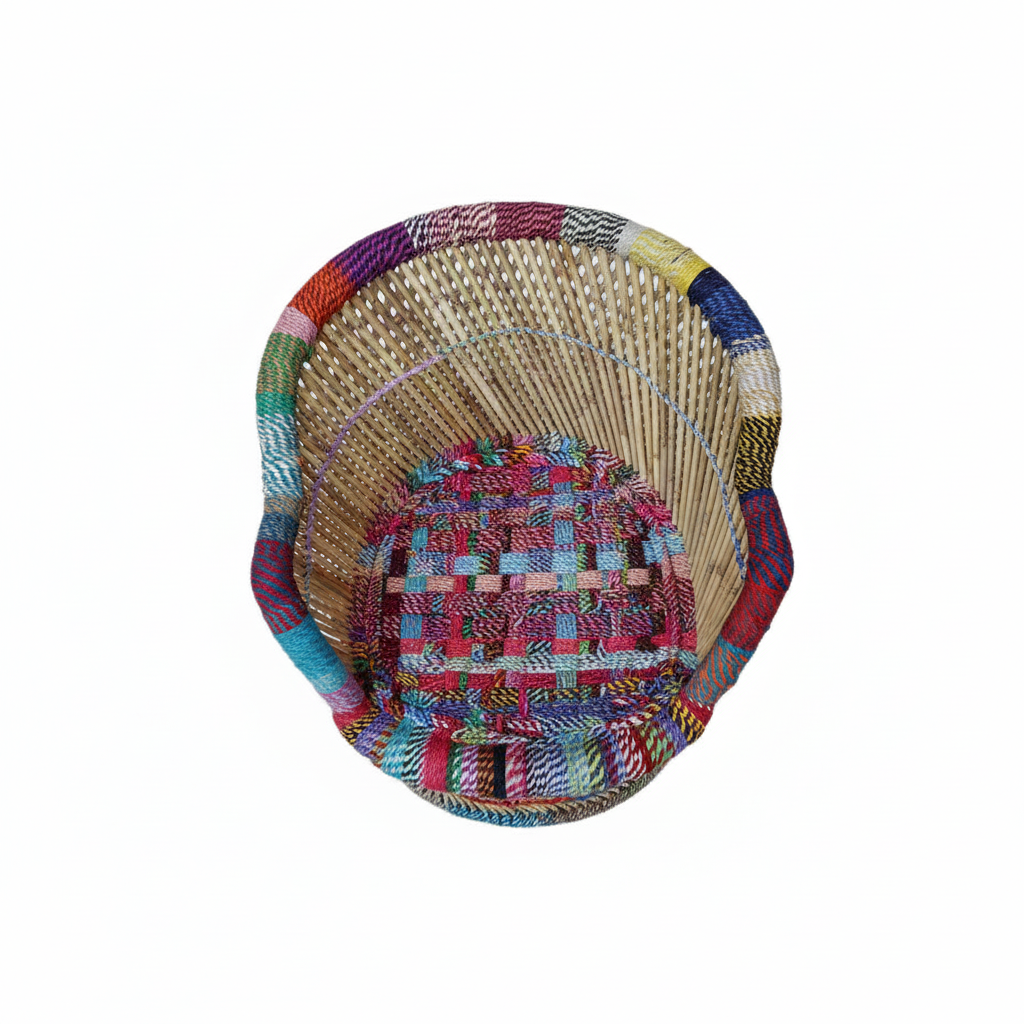 Multicolor Cloth Rope Bamboo Mudda Armrest Chair