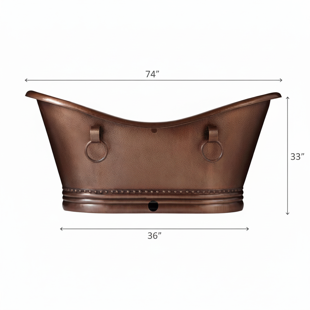 Copper bathtub with dimensions on a white background