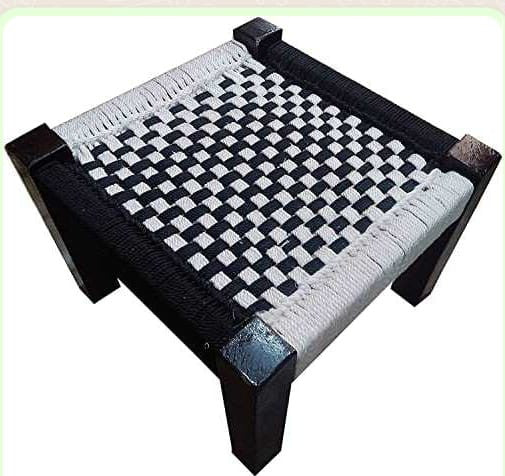 Handcrafted Wooden Stool with Chess Board Design – Black & White