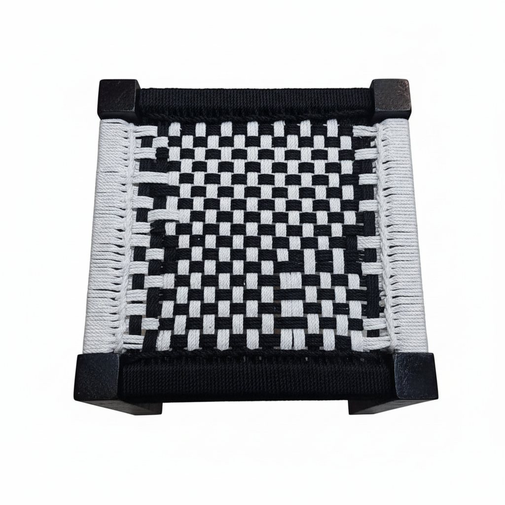 Black and white woven square with a checkered pattern on a white background
