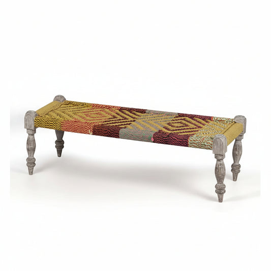 Decorative bench with woven top and wooden legs on a white background