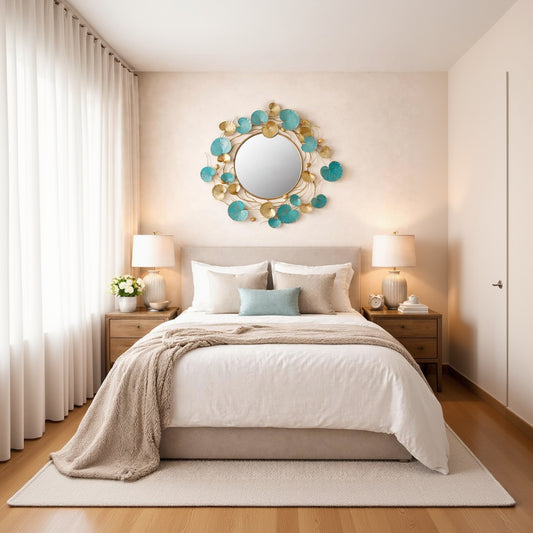 Gold & Blue Lotus Leaf Round Metal Wall Mirror for Home