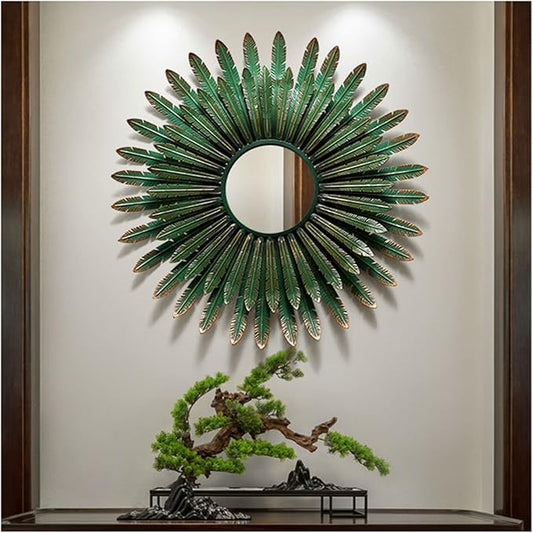 Green Iron Round Decorative Wall Mirror with Starburst Design