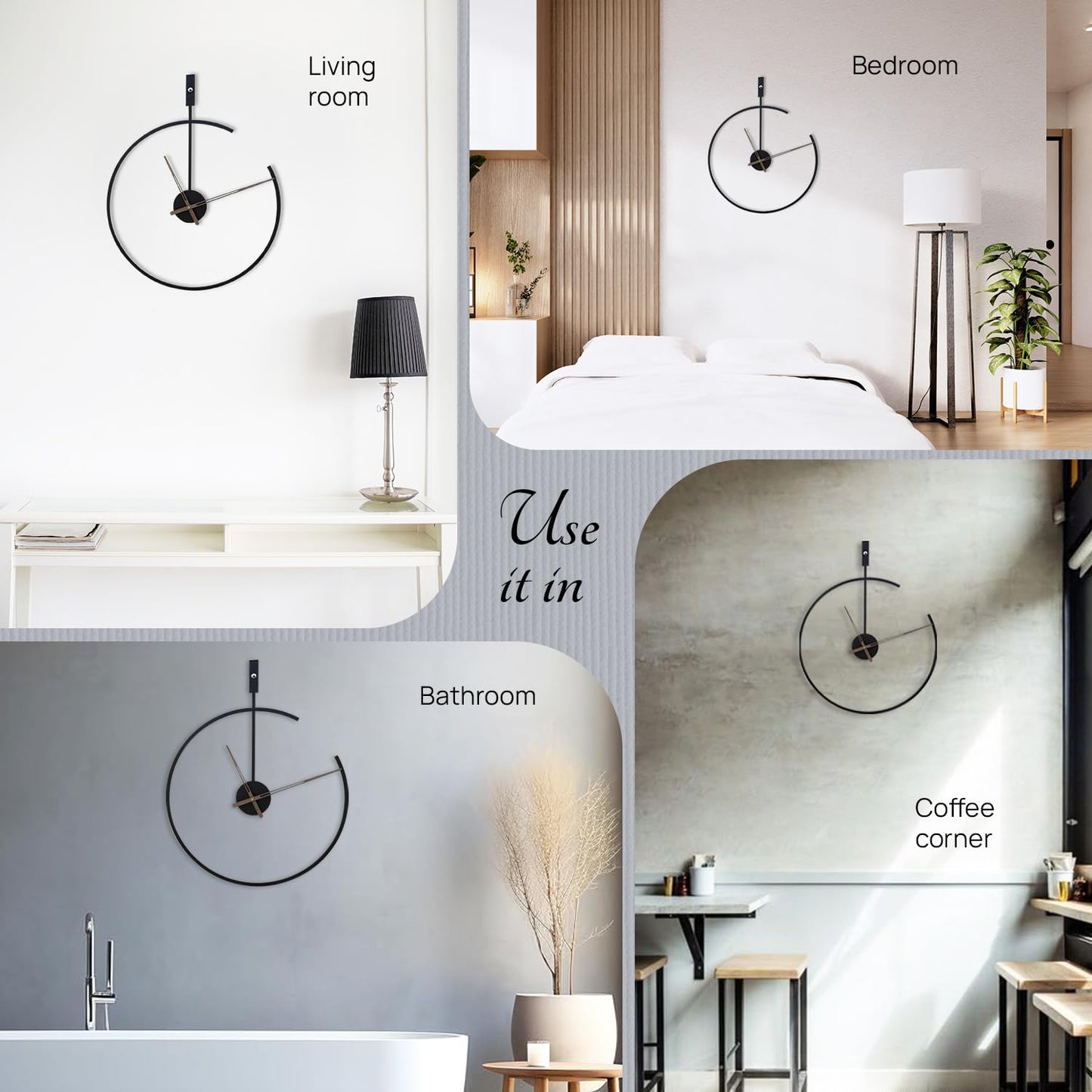 Decorative wall clock with placement suggestions for living room, bedroom, bathroom, and coffee corner.