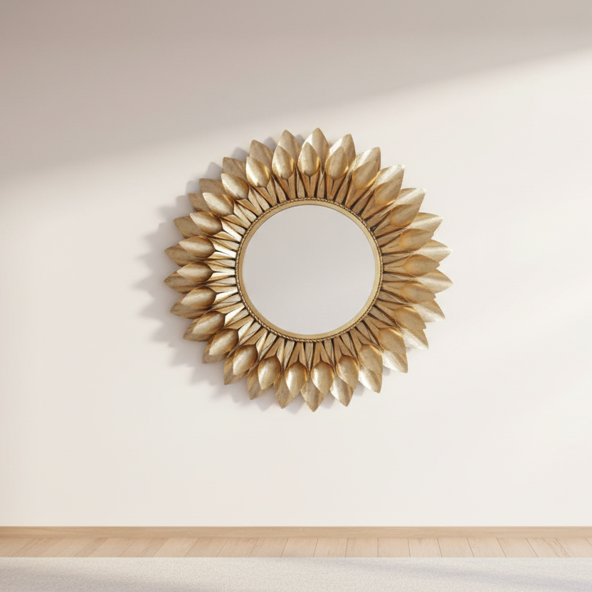 Decorative gold mirror with sunflower design on a white wall