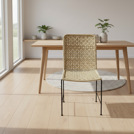 Woven chair with metal legs on a white background