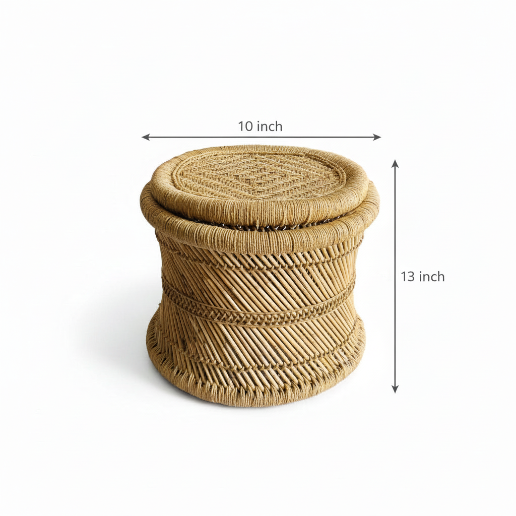 Woven stool with dimensions indicated on a white background