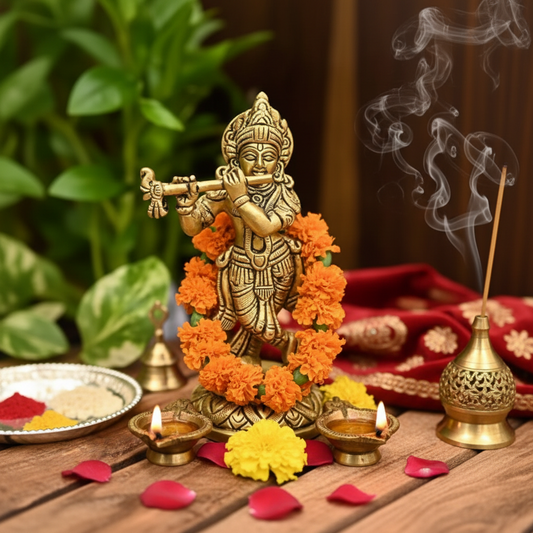 Decorative statue of a deity with flowers and incense on a wooden table.