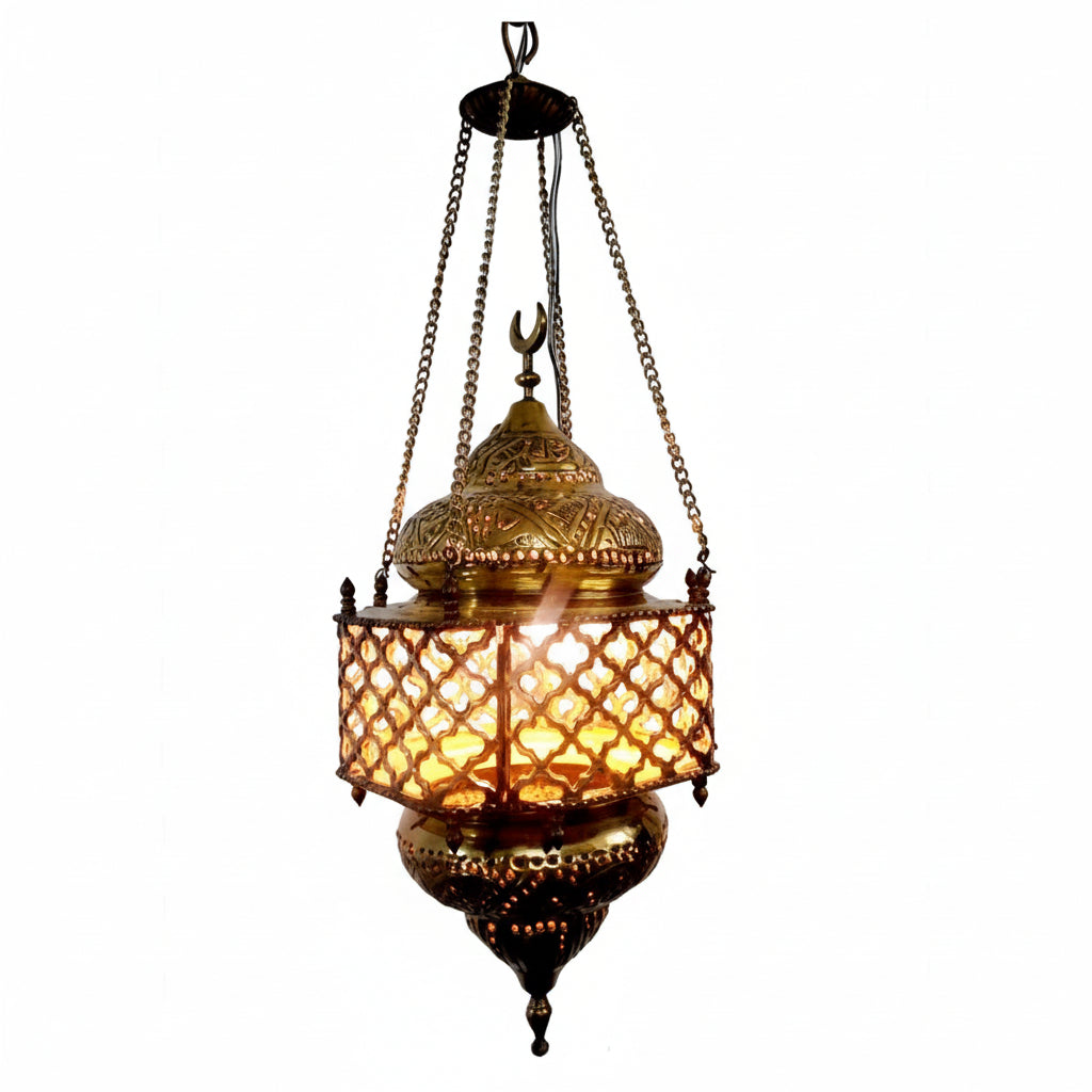 Decorative hanging lamp with intricate design on a white background