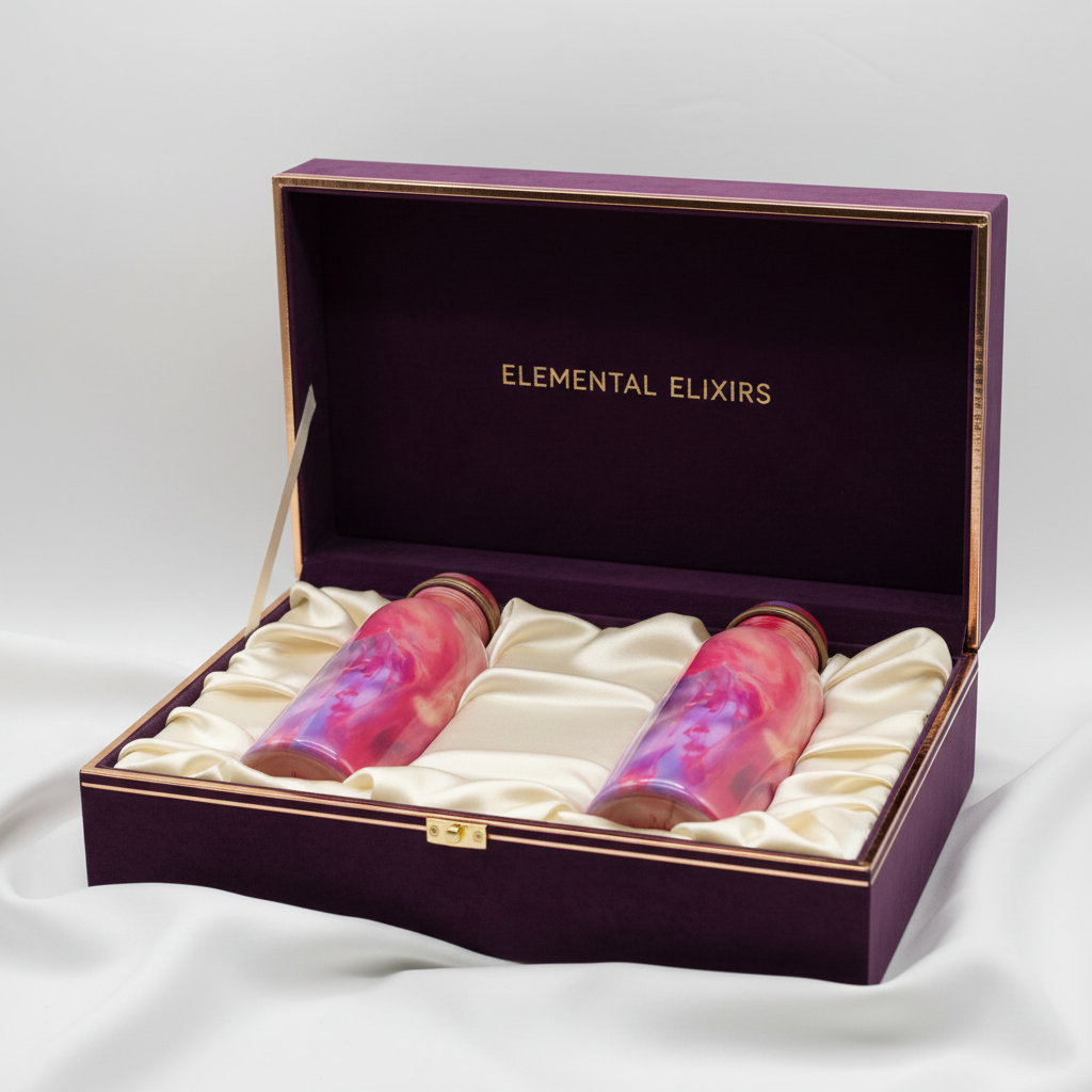 Two tie-dye bottles in a 'Elemental Elixirs' box on a white background