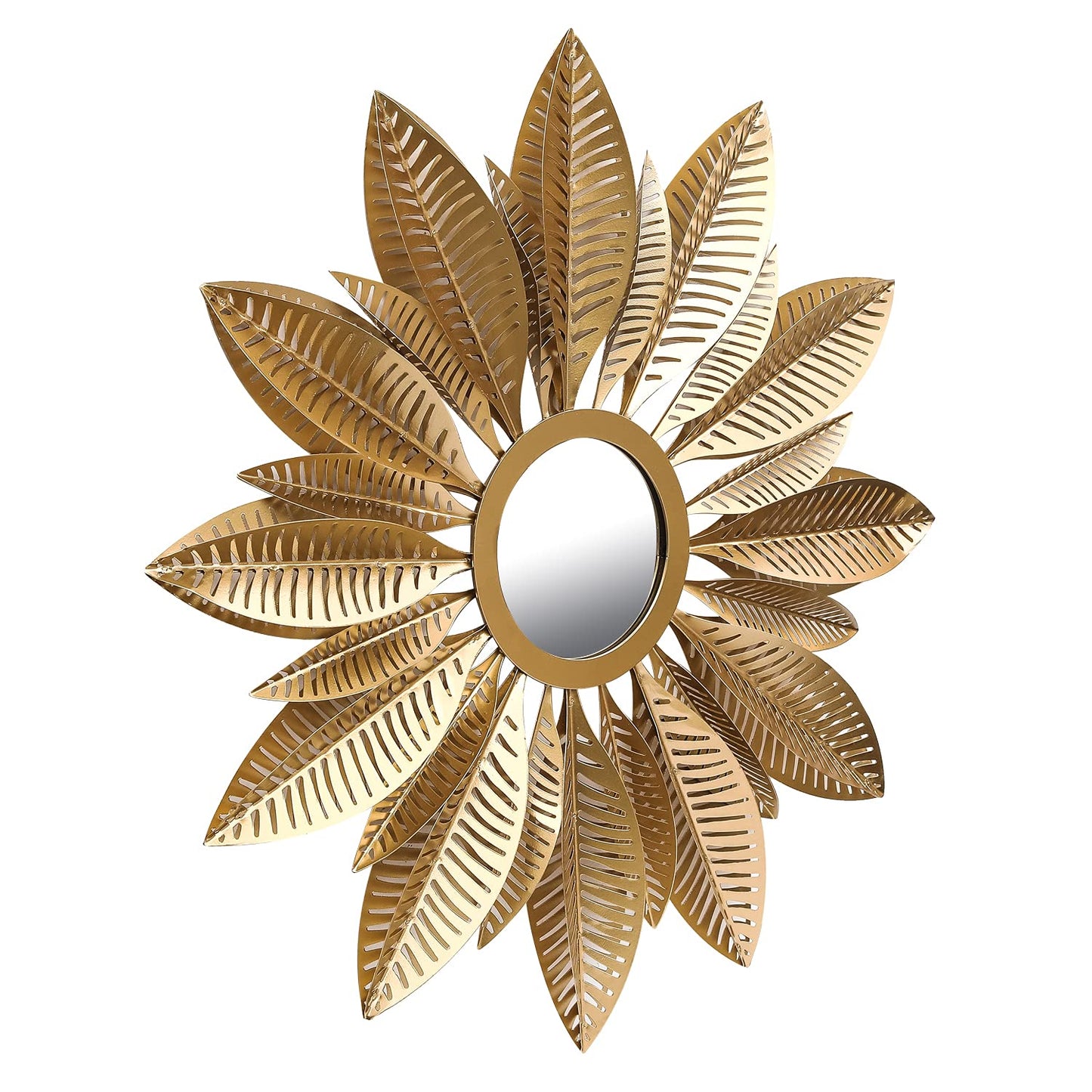 Decorative gold mirror with leaf-like patterns on a white background