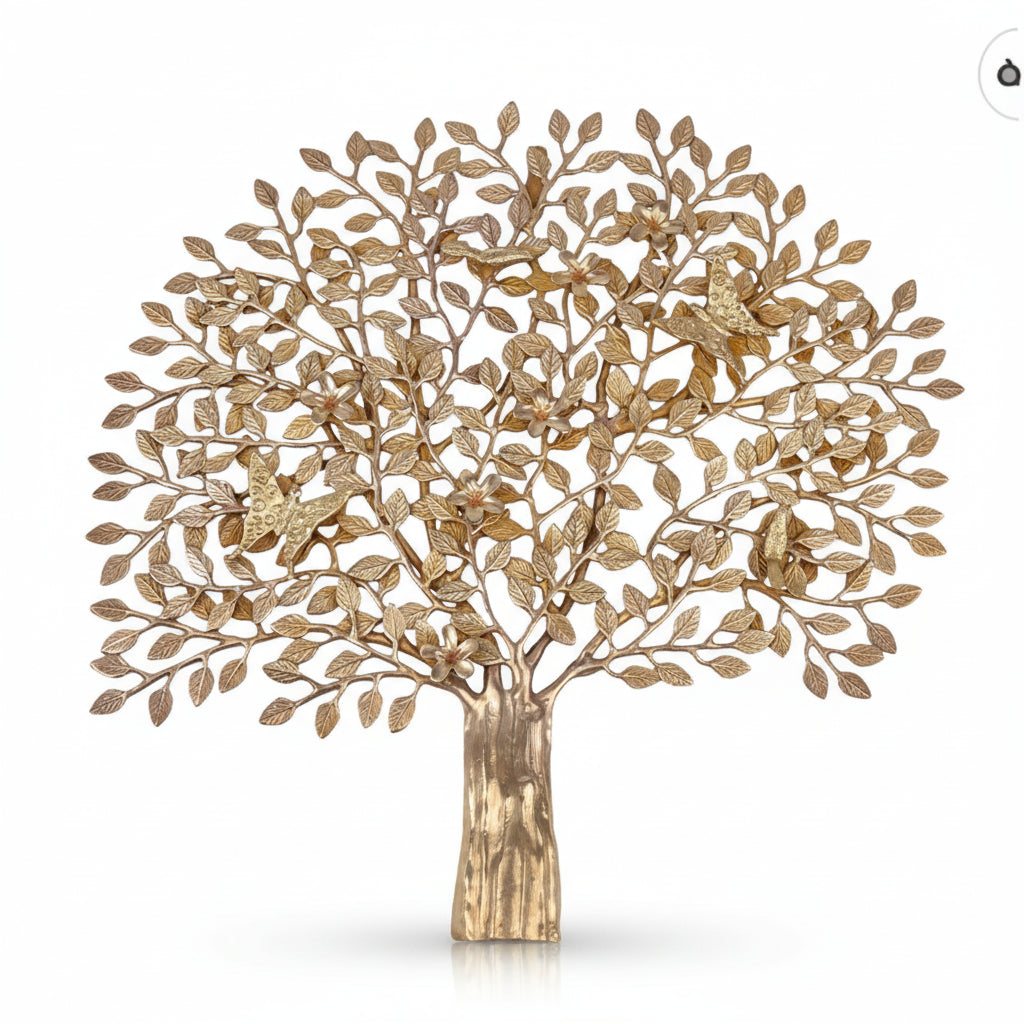 Decorative metal tree wall art with intricate leaf details on a white background