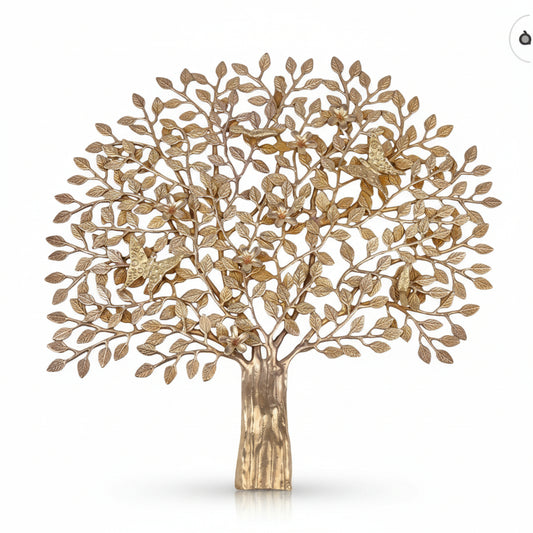 Decorative metal tree wall art with intricate leaf details on a white background