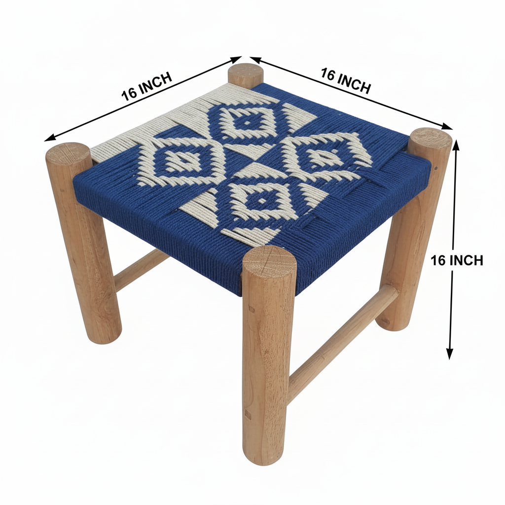 Wooden Stool 16x16 Hemp Rope Blue White