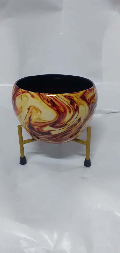 Designer Metal Bowl Planter – 5x5 Inch Multicolour with Golden Stand