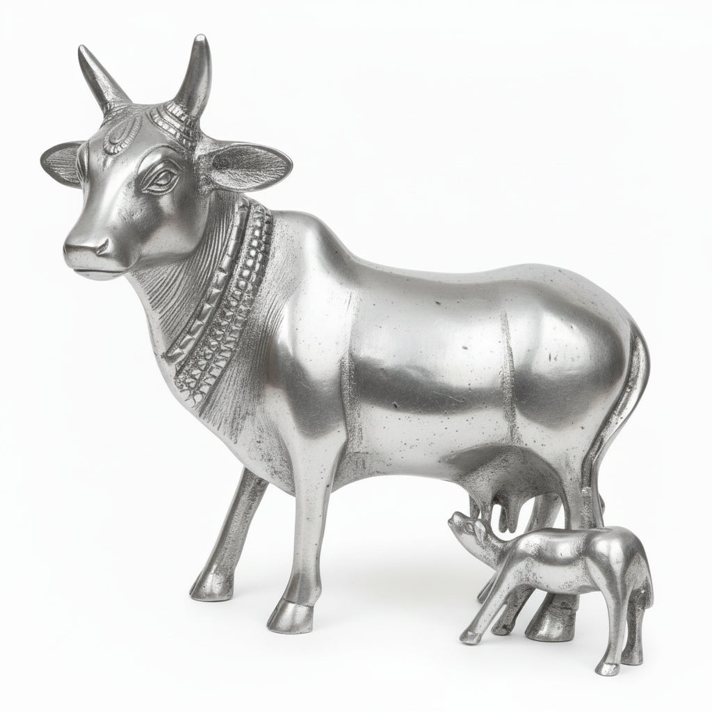 Silver cow and calf figurine on a reflective surface with a white background