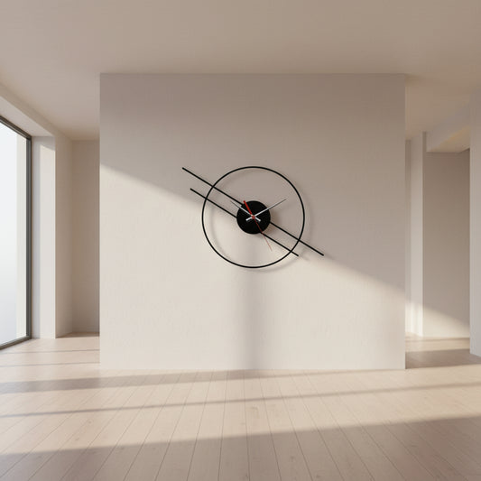 Modern wall clock with black and red design on a light gray background
