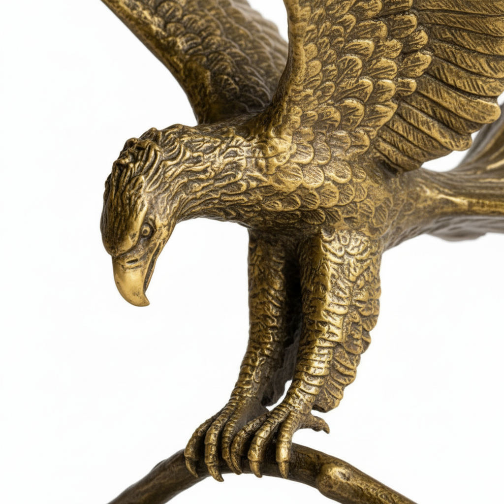 Bronze eagle sculpture on a branch against a white background