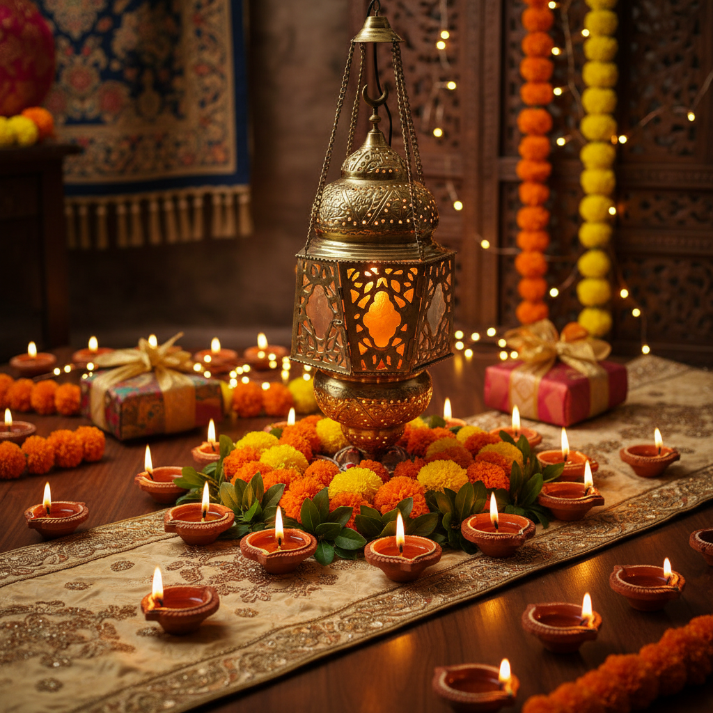 Decorative setup with lit candles, lantern, and flowers on a tablecloth.