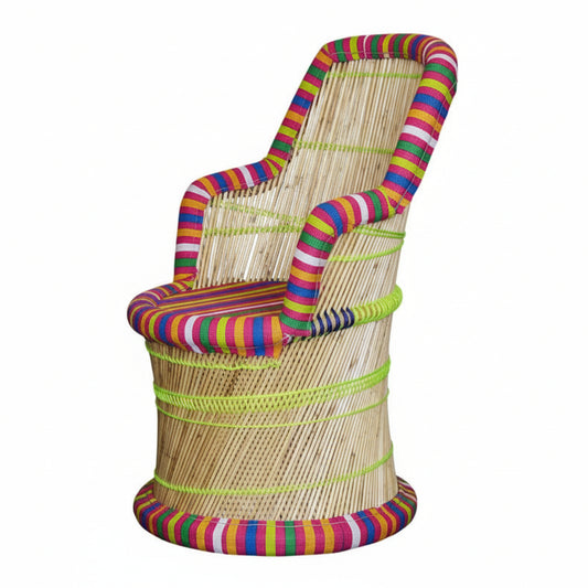 Wicker basket with colorful striped pattern on a white background