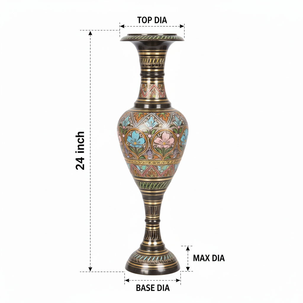 Decorative vase with measurements on a white background