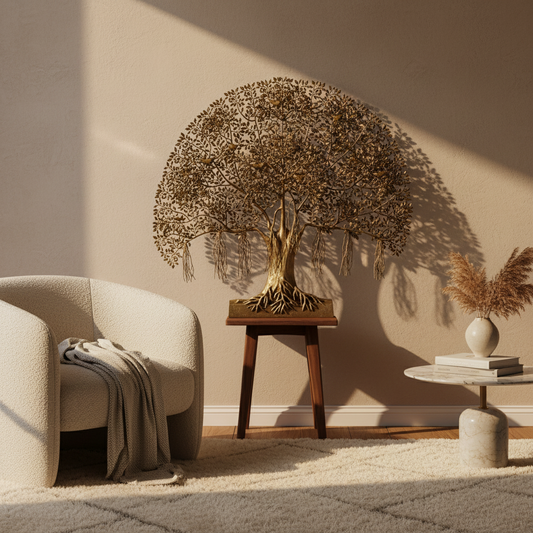 Decorative tree sculpture on a stand in a living room setting with a beige armchair and side table.