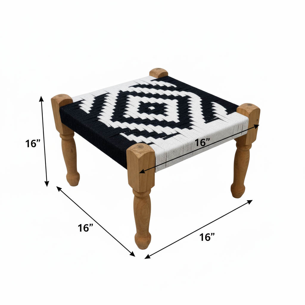 Small table with woven top and wooden legs, shown with dimensions on a white background