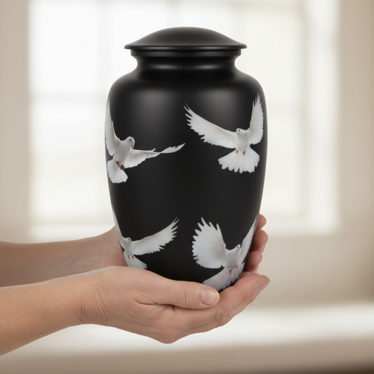 Black urn with white dove designs held by a person against a neutral background