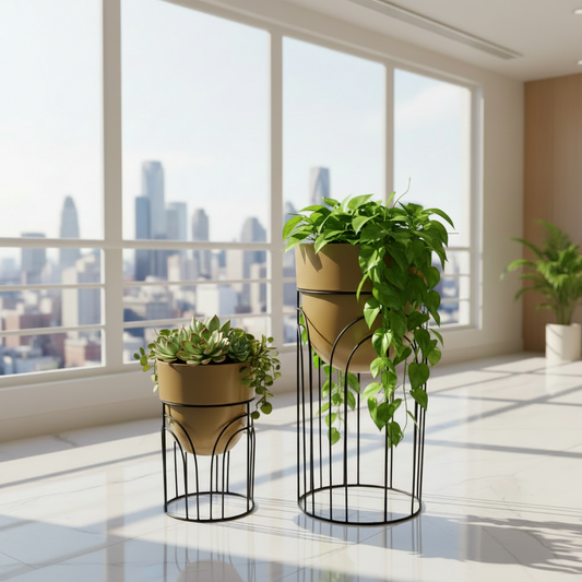 Modern indoor setting with potted plants and a cityscape view through large windows.