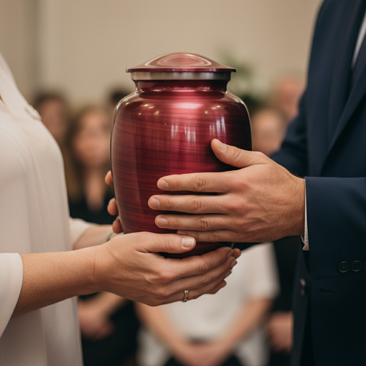 Red urn with a ribbed texture on a white background