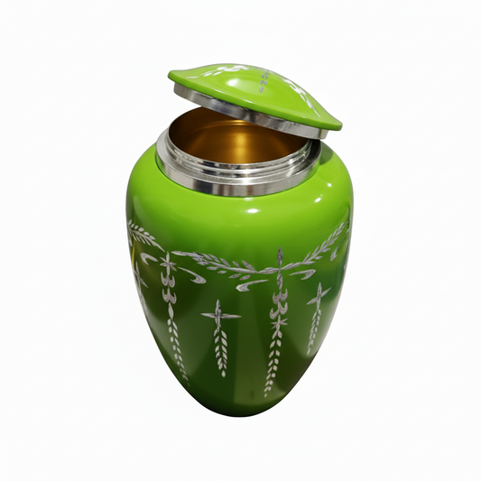 Green urn with decorative patterns on a white background