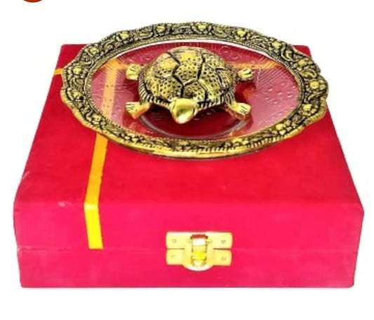 Metal Feng Shui Tortoise on Plate with Luxury Bellbet (3 × 5.5 Inch)