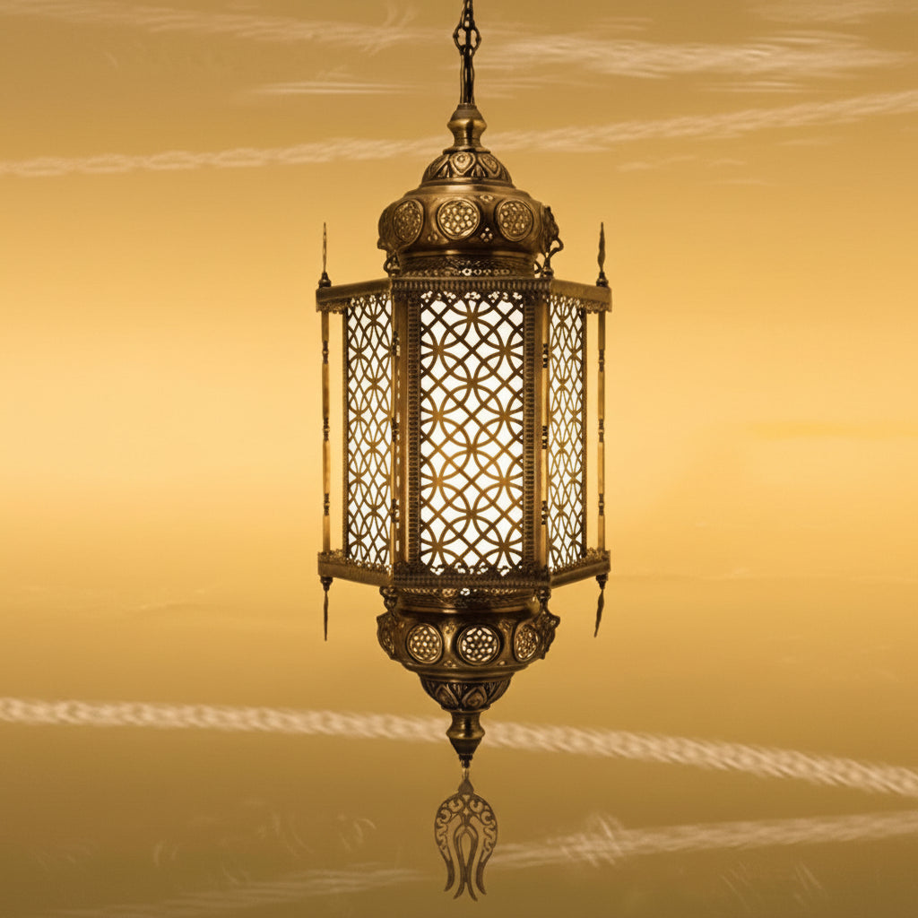 Decorative hanging lantern with intricate patterns on a yellow background