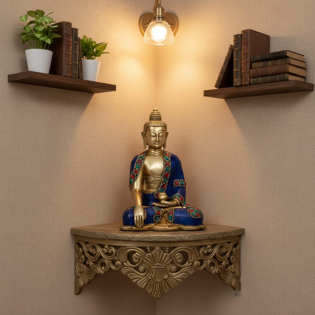 Brass Gautam Buddha Sitting Statue with Stone Embellished Shawl