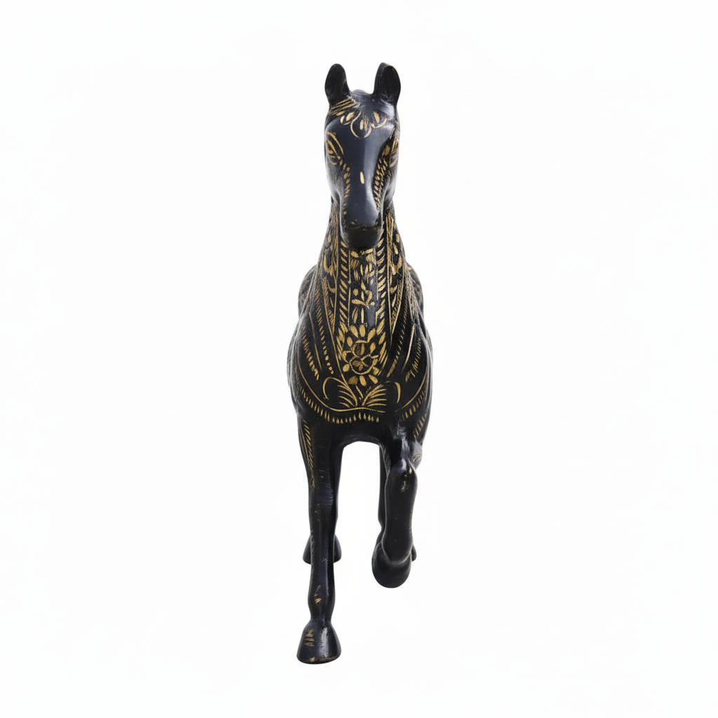 Decorative horse figurine with black and gold patterns on a white background