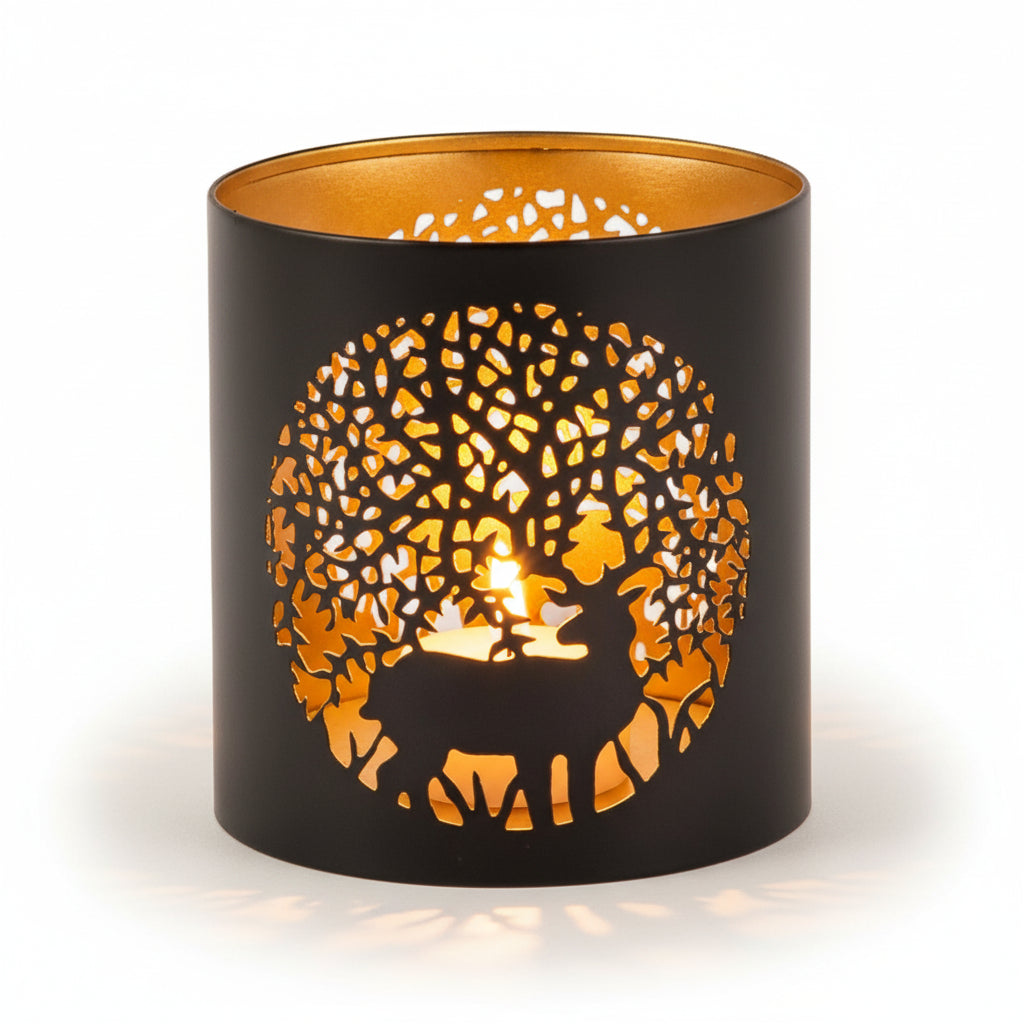 Decorative candle holder with cut-out design on a white background