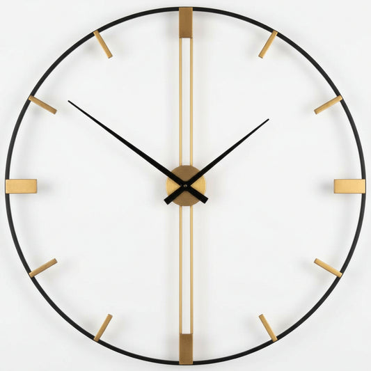 Round wall clock with black frame and gold accents on a white background