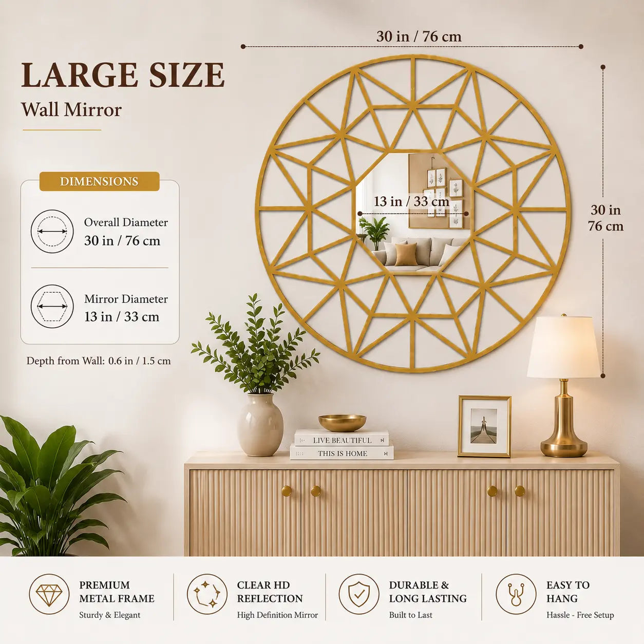 Decorative Wooden Vanity Wall Mirror with Golden Finish Frame Brass Decors