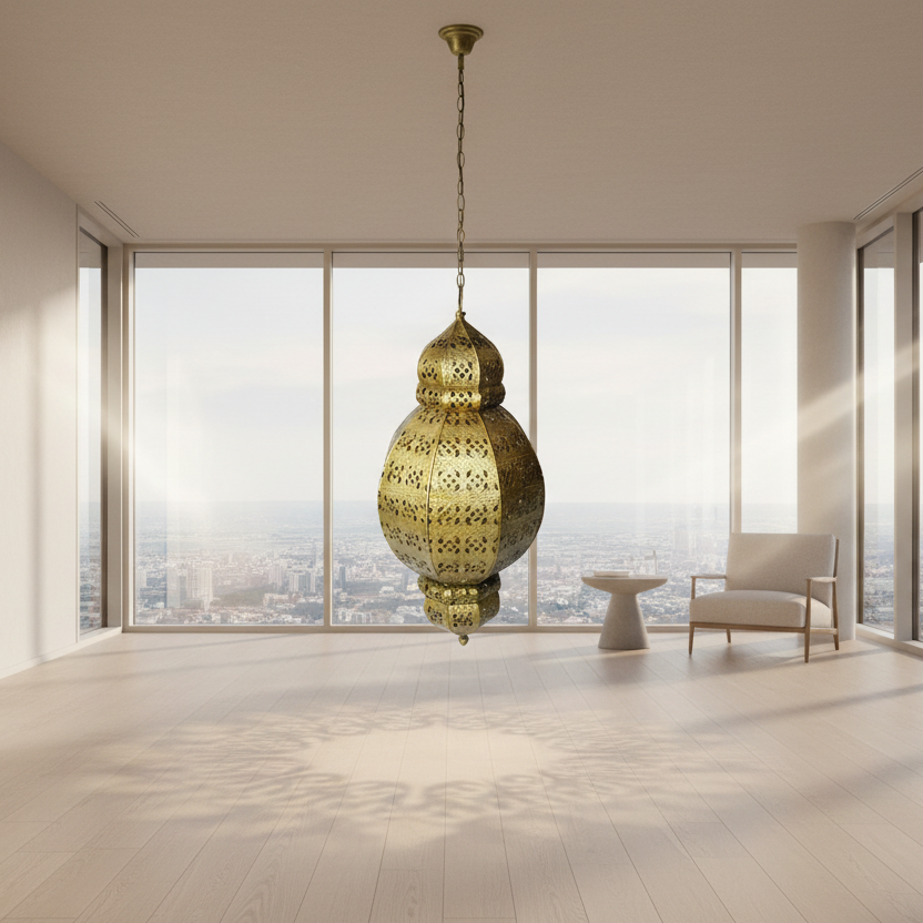 Gold chandelier hanging in a modern room with large windows and a cityscape view.