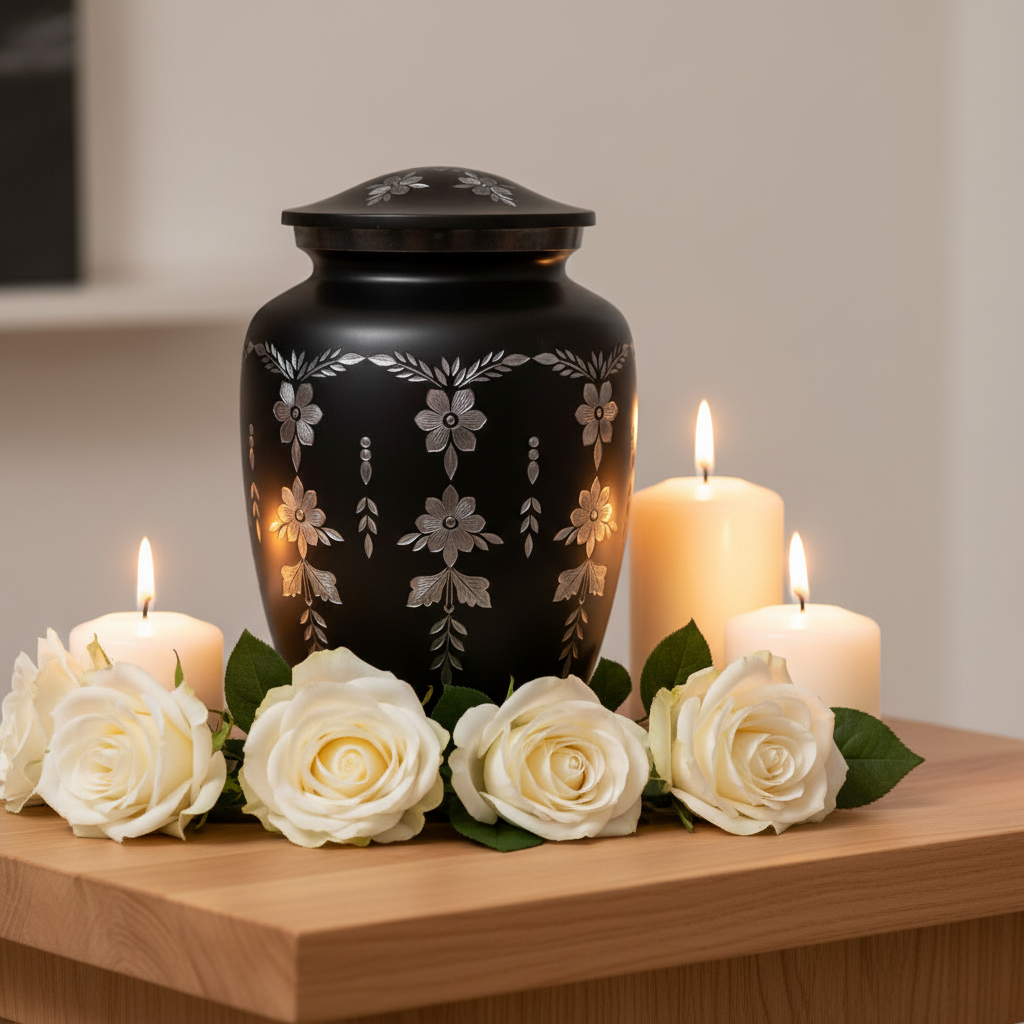 Black urn with floral designs, white roses, and candles on a wooden surface.
