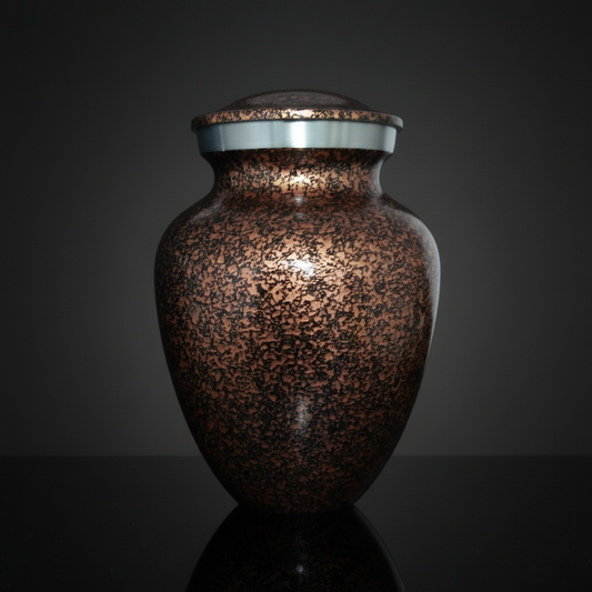 Bronze-colored urn with a reflective surface on a dark background