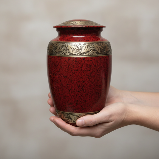 Red urn with gold accents held in a hand against a neutral background