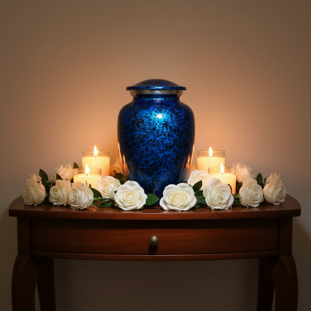 Blue urn on a wooden table with white flowers and candles in a dimly lit setting