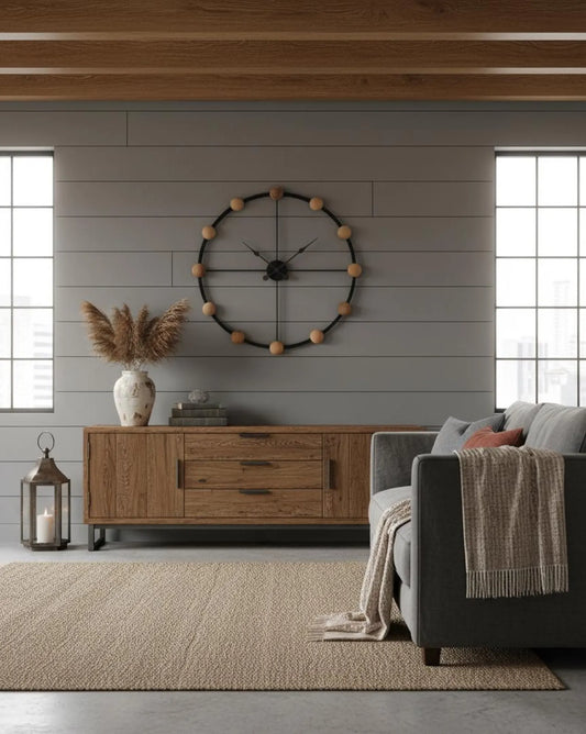 Living room with wooden sideboard, gray sofa, and decorative clock on wall.