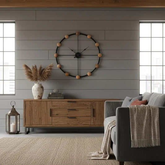 Living room with wooden sideboard, gray sofa, and decorative clock on wall.