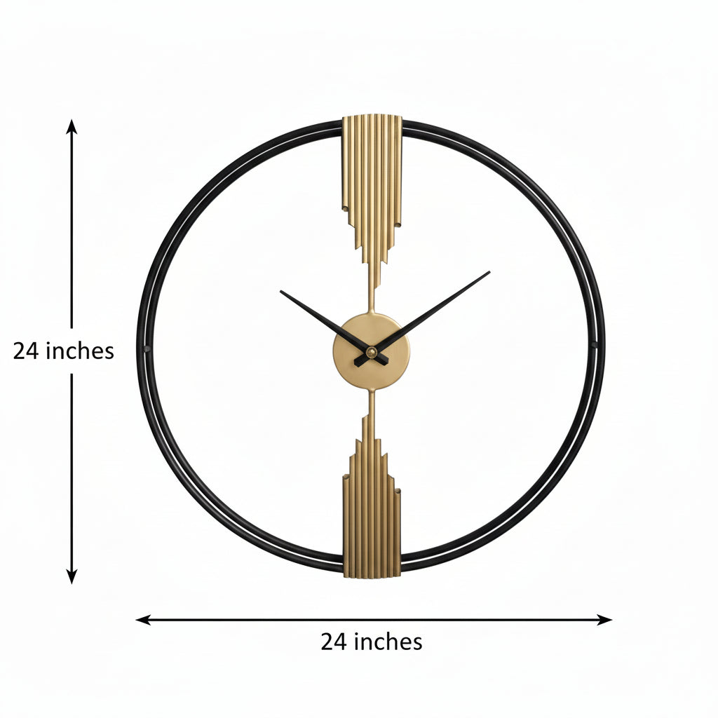 Wall clock with dimensions indicated on a white background